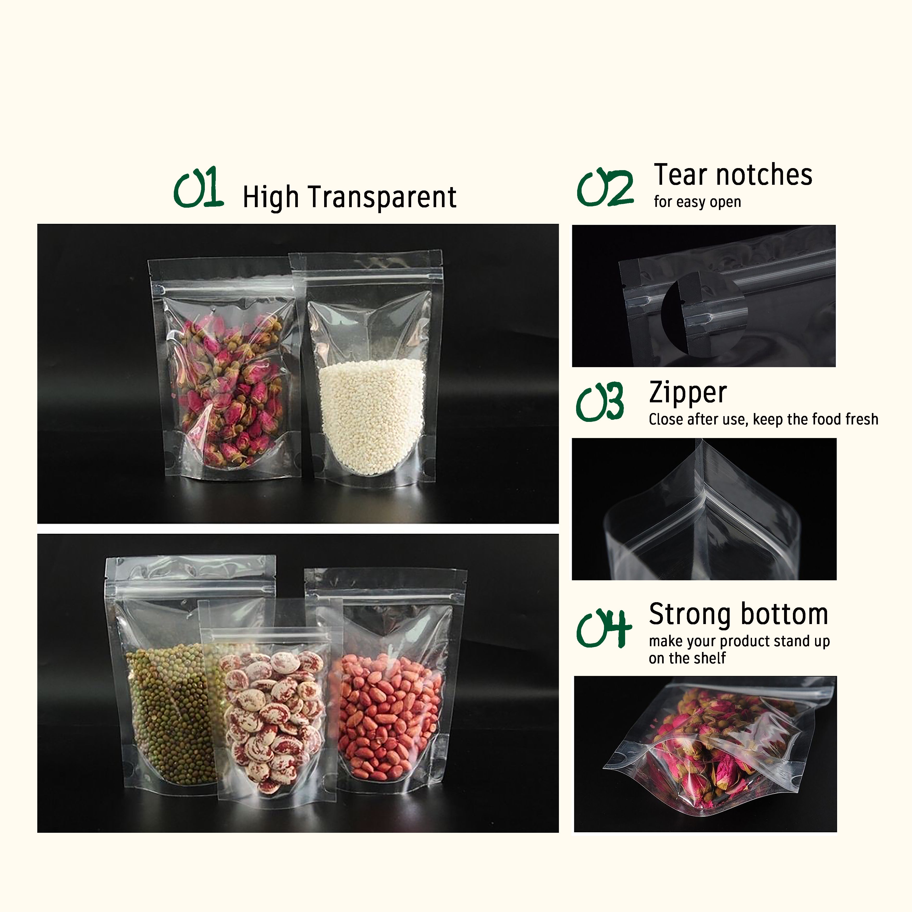 All Clear Stand Up Pouches with Zipper - Food-Safe Zipper Bags