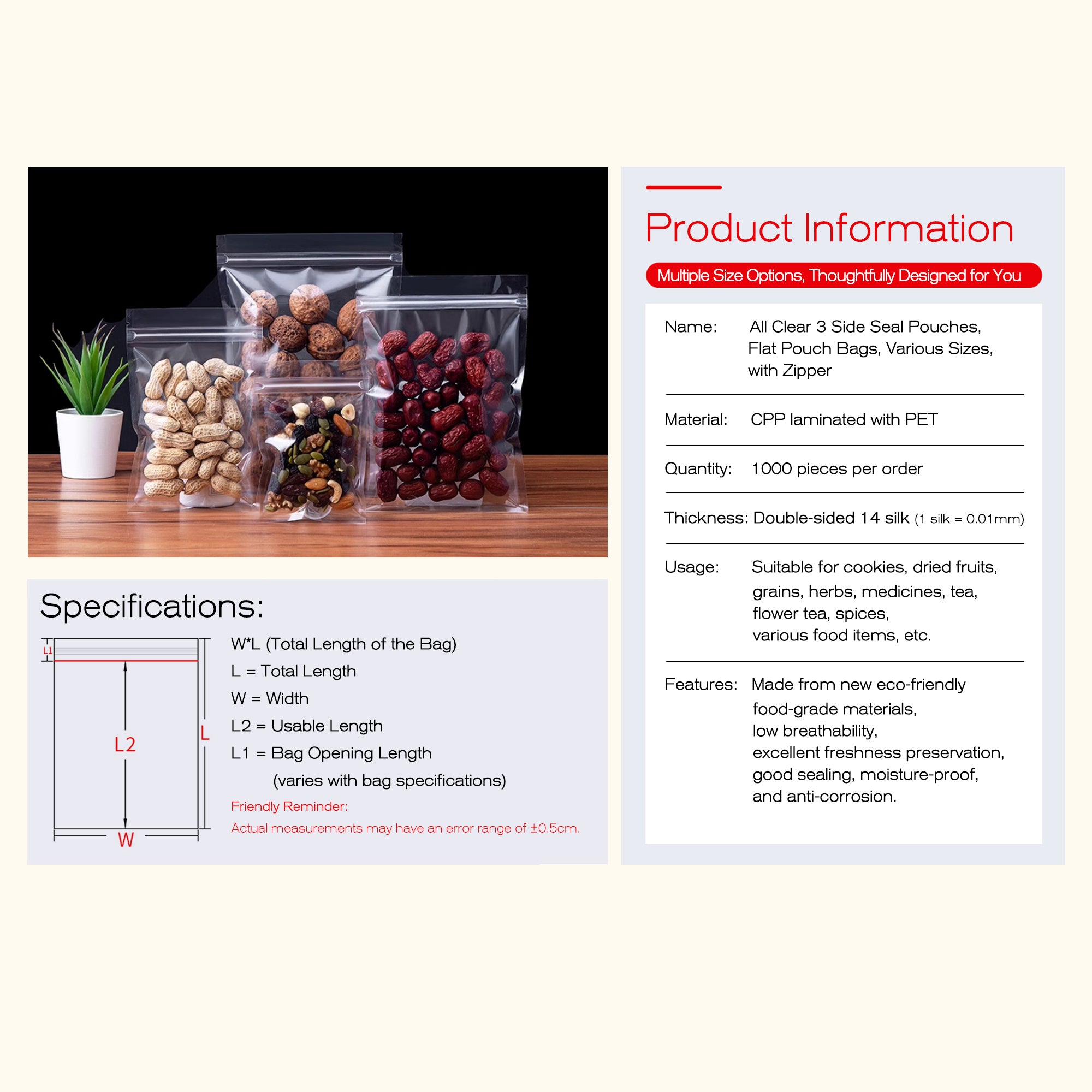 All Clear 3 Side Seal Pouches, Flat Pouch Bags, Various Sizes, with Zipper (1000pcs)