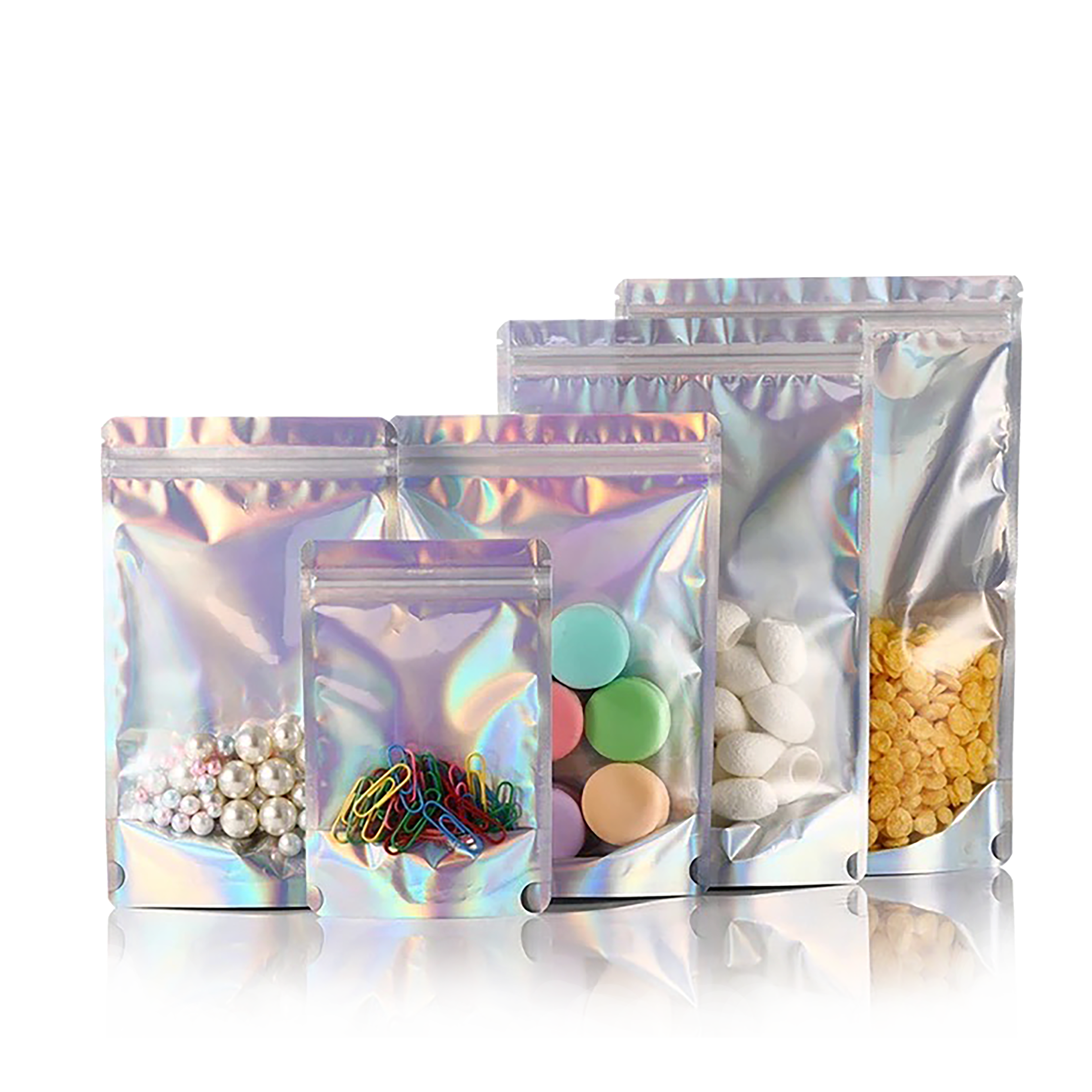 Holographic Rainbow Stand-Up Pouches with Clear One-Side View, Zip Seal, and Foil Lining