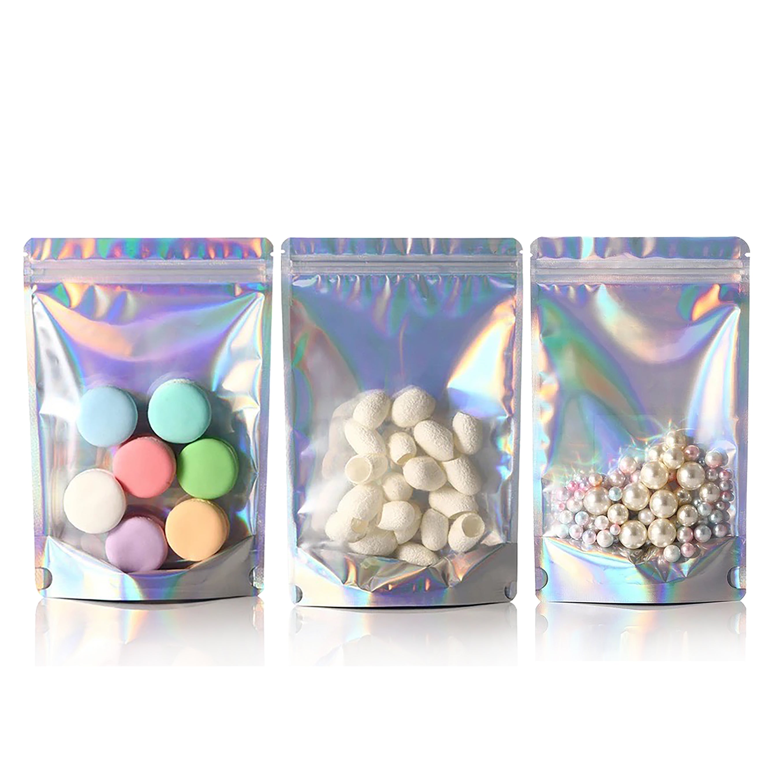 Holographic Rainbow Stand-Up Pouches with Clear One-Side View, Zip Seal, and Foil Lining