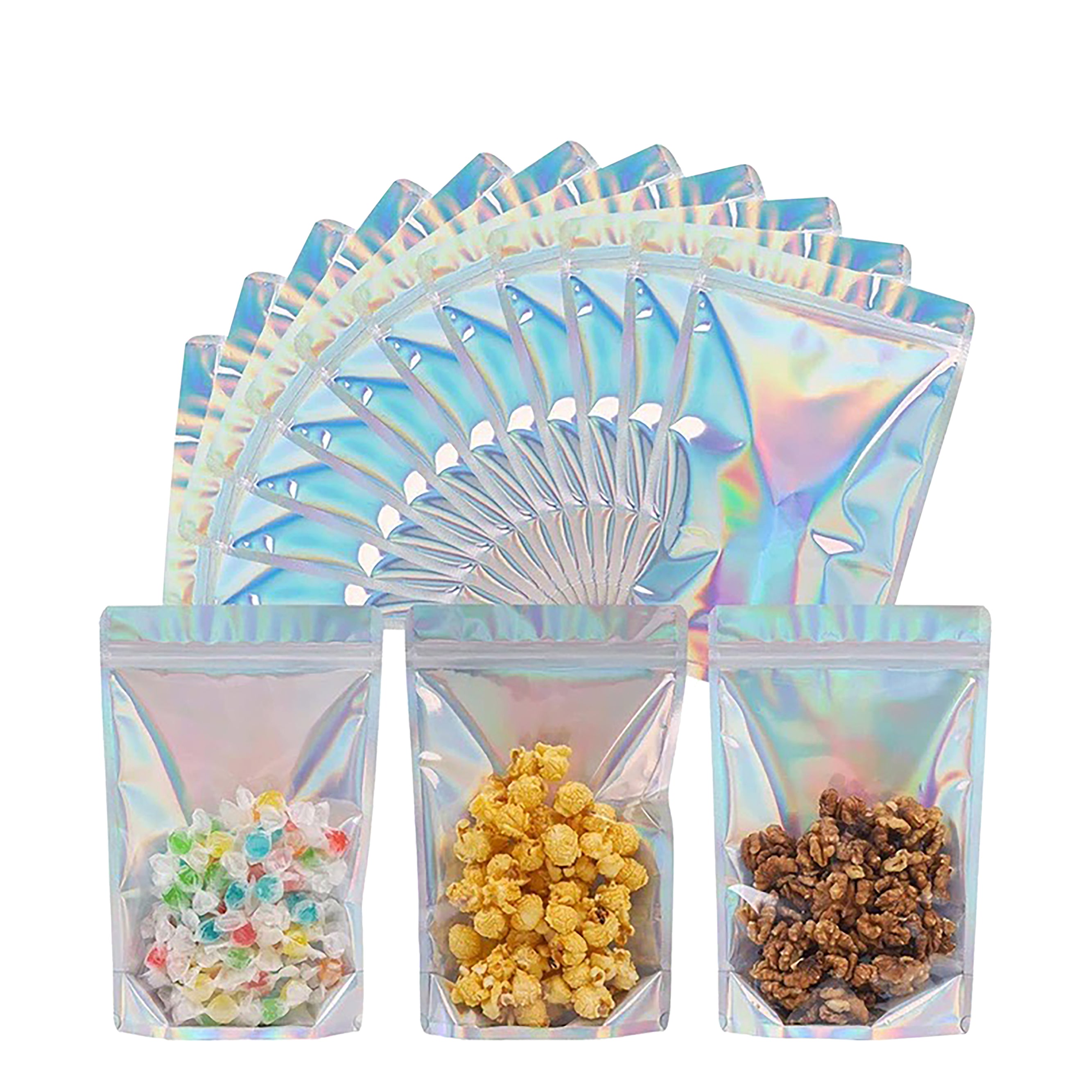 Holographic Rainbow Stand-Up Pouches with Clear One-Side View, Zip Seal, and Foil Lining