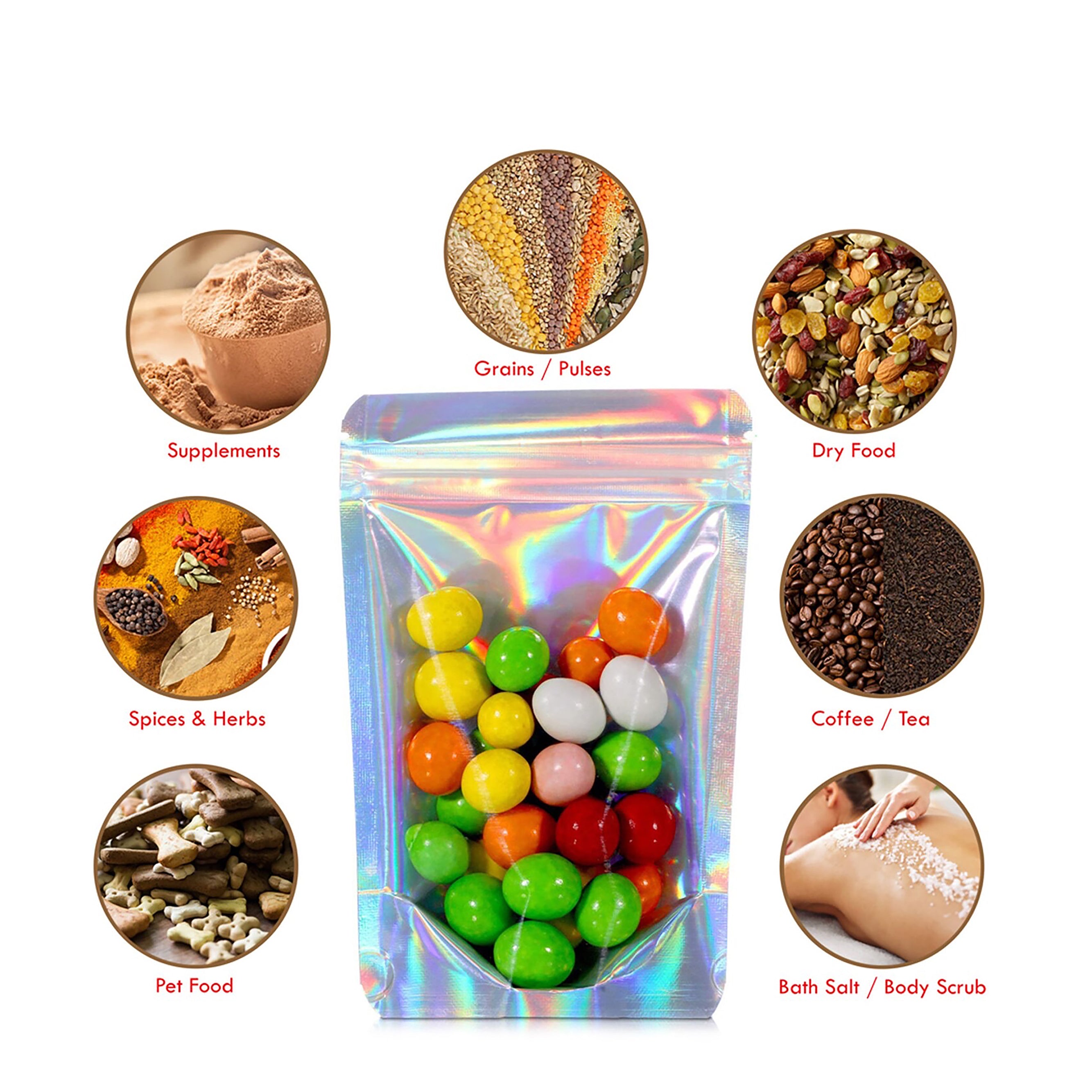 Holographic Rainbow Stand-Up Pouches with Clear One-Side View, Zip Seal, and Foil Lining