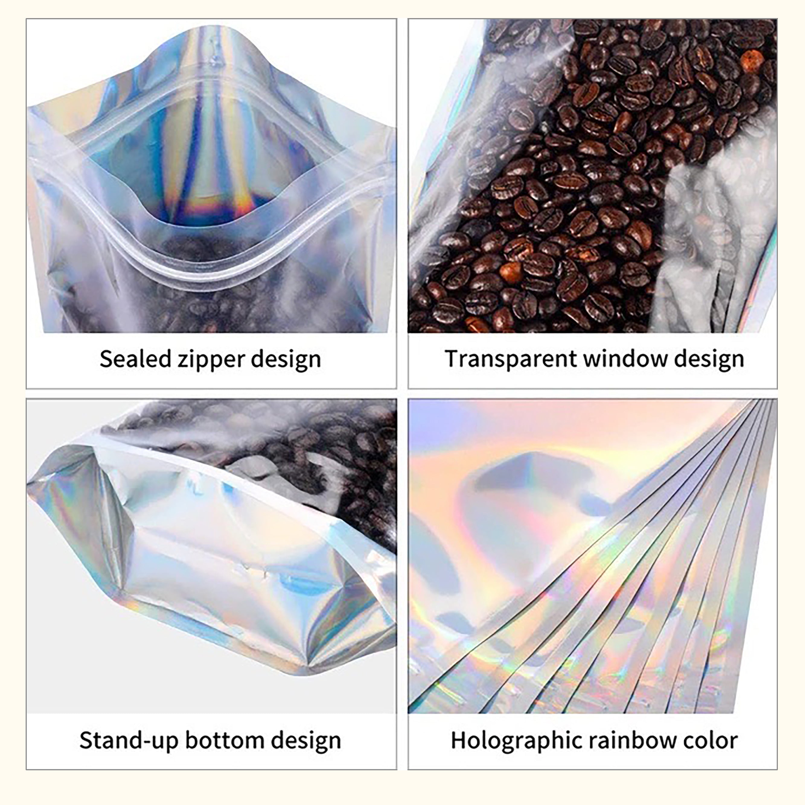 Holographic Rainbow Stand-Up Pouches with Clear One-Side View, Zip Seal, and Foil Lining