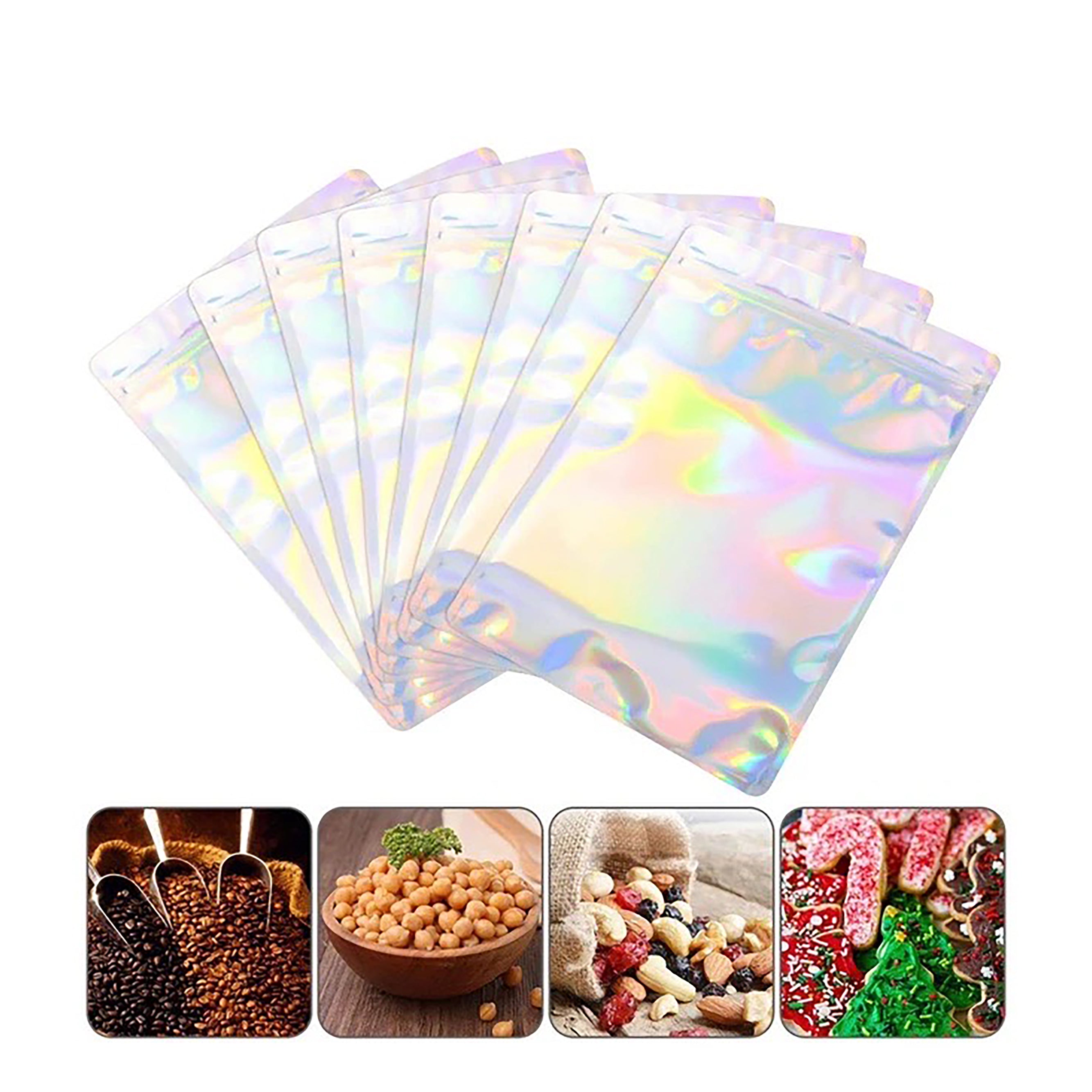 Holographic Rainbow Stand-Up Pouches with Clear One-Side View, Zip Seal, and Foil Lining