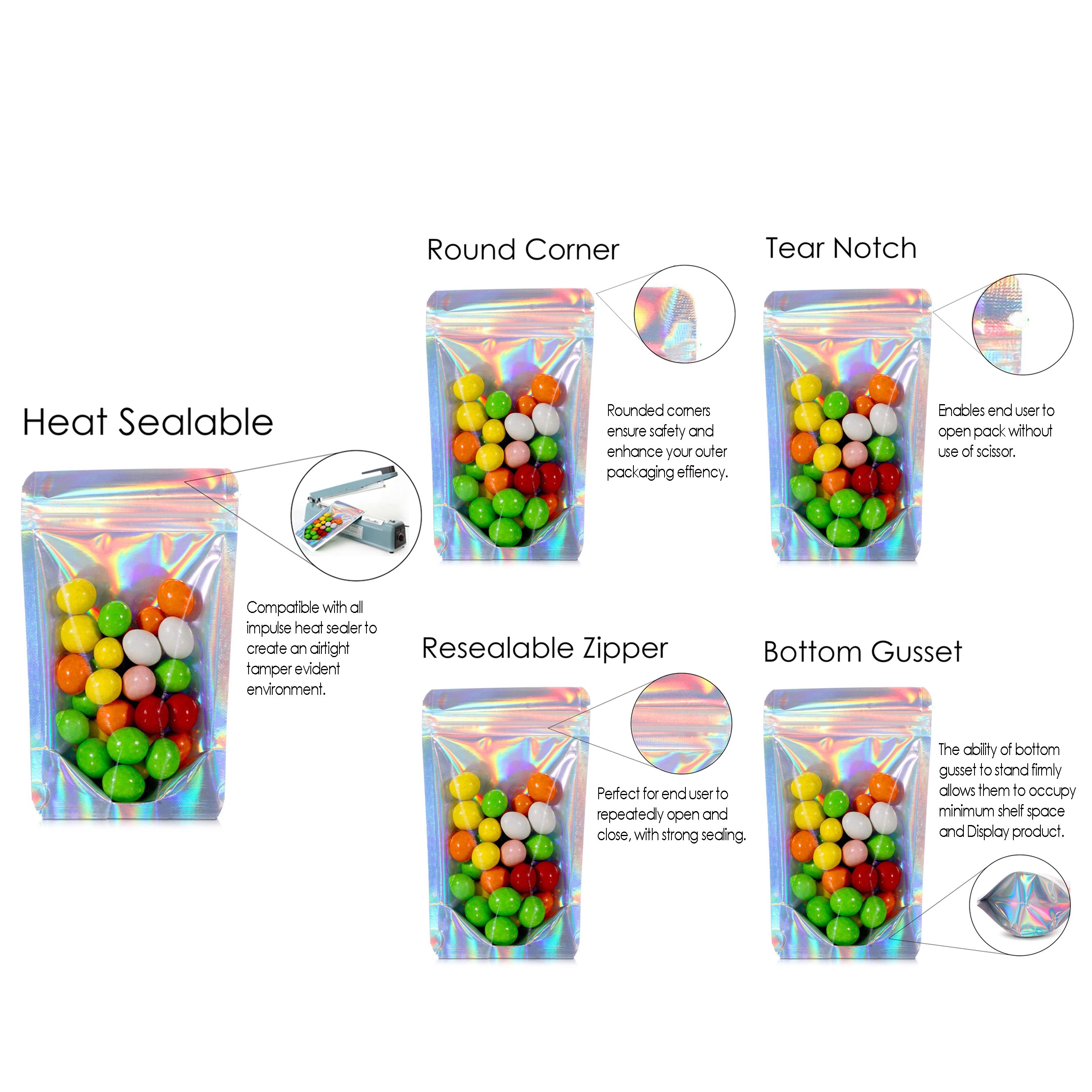 Holographic Rainbow Stand-Up Pouches with Clear One-Side View, Zip Seal, and Foil Lining