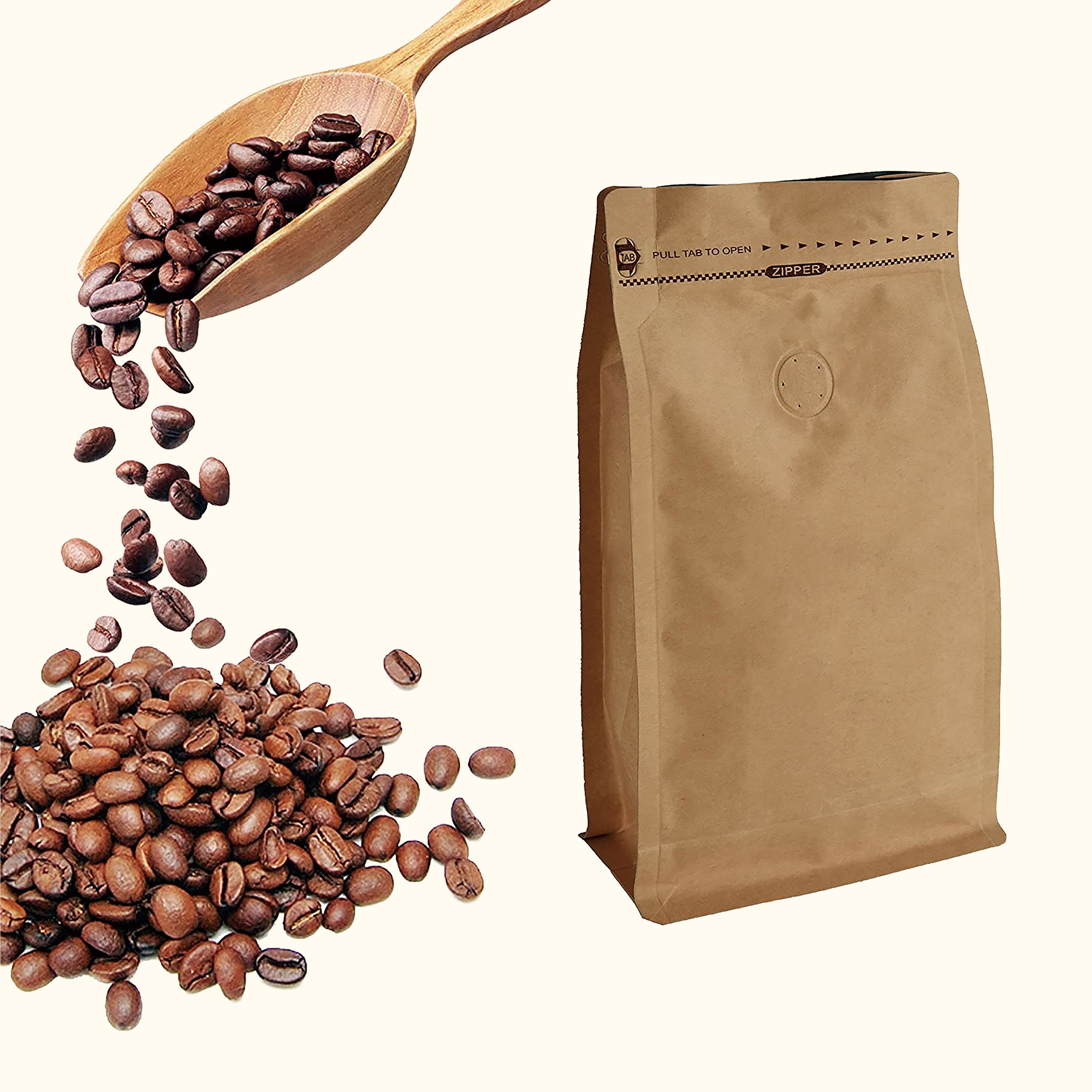 1KG Kraft Coffee Box Bottom Bags with Valve, Pull-Tab Zipper, and Foil Lining - Airtight Packaging