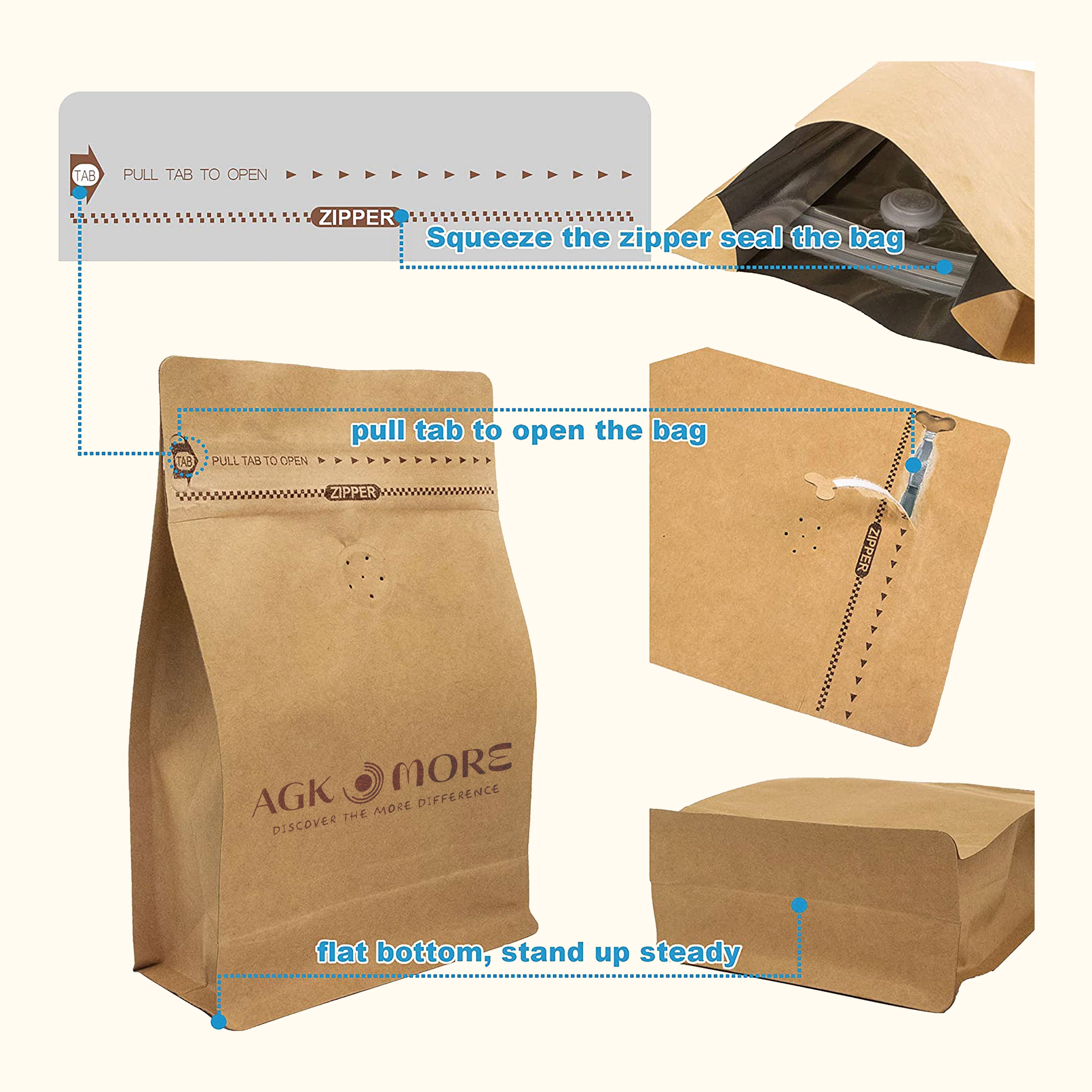 1KG Kraft Coffee Box Bottom Bags with Valve, Pull-Tab Zipper, and Foil Lining - Airtight Packaging