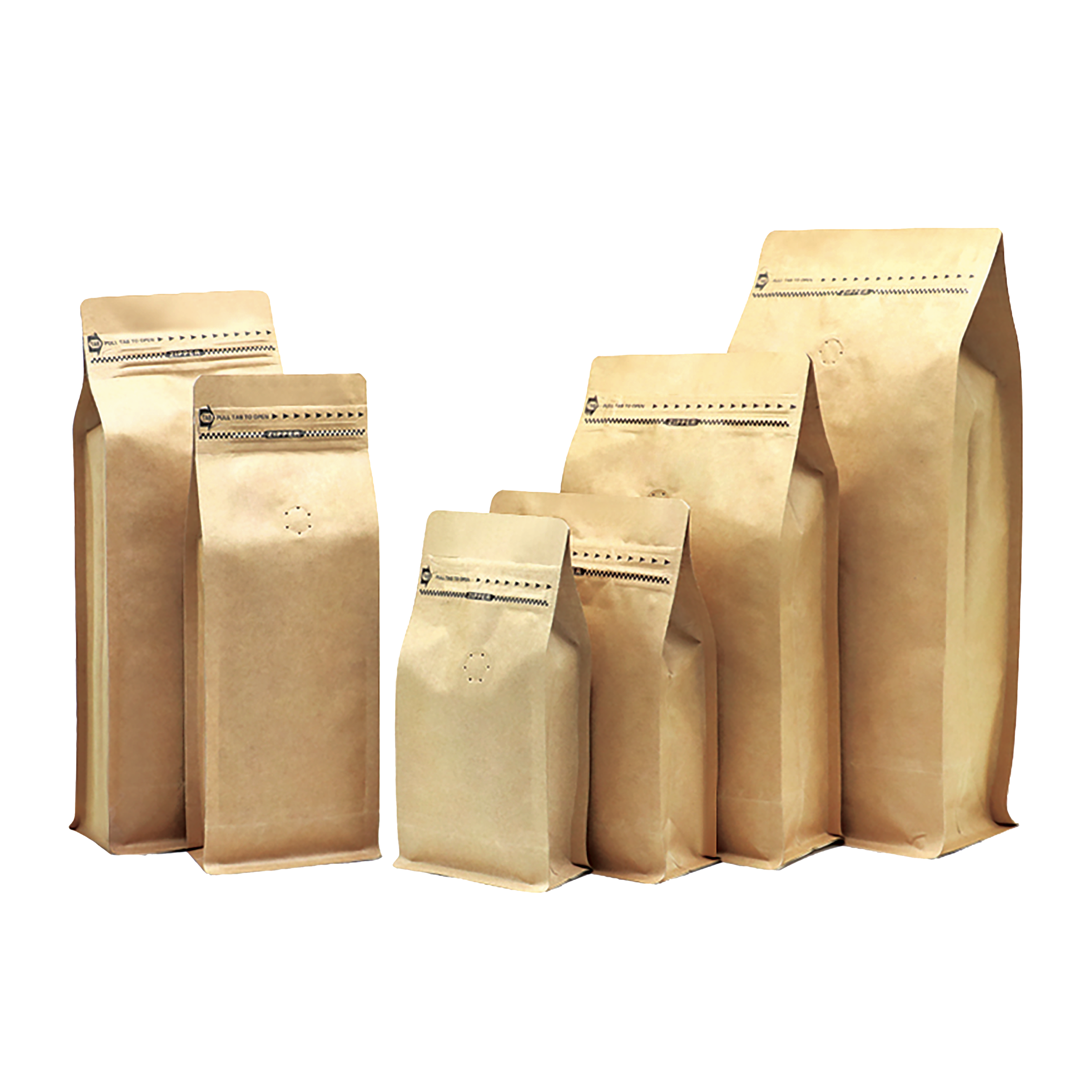 1KG Kraft Coffee Box Bottom Bags with Valve, Pull-Tab Zipper, and Foil Lining - Airtight Packaging