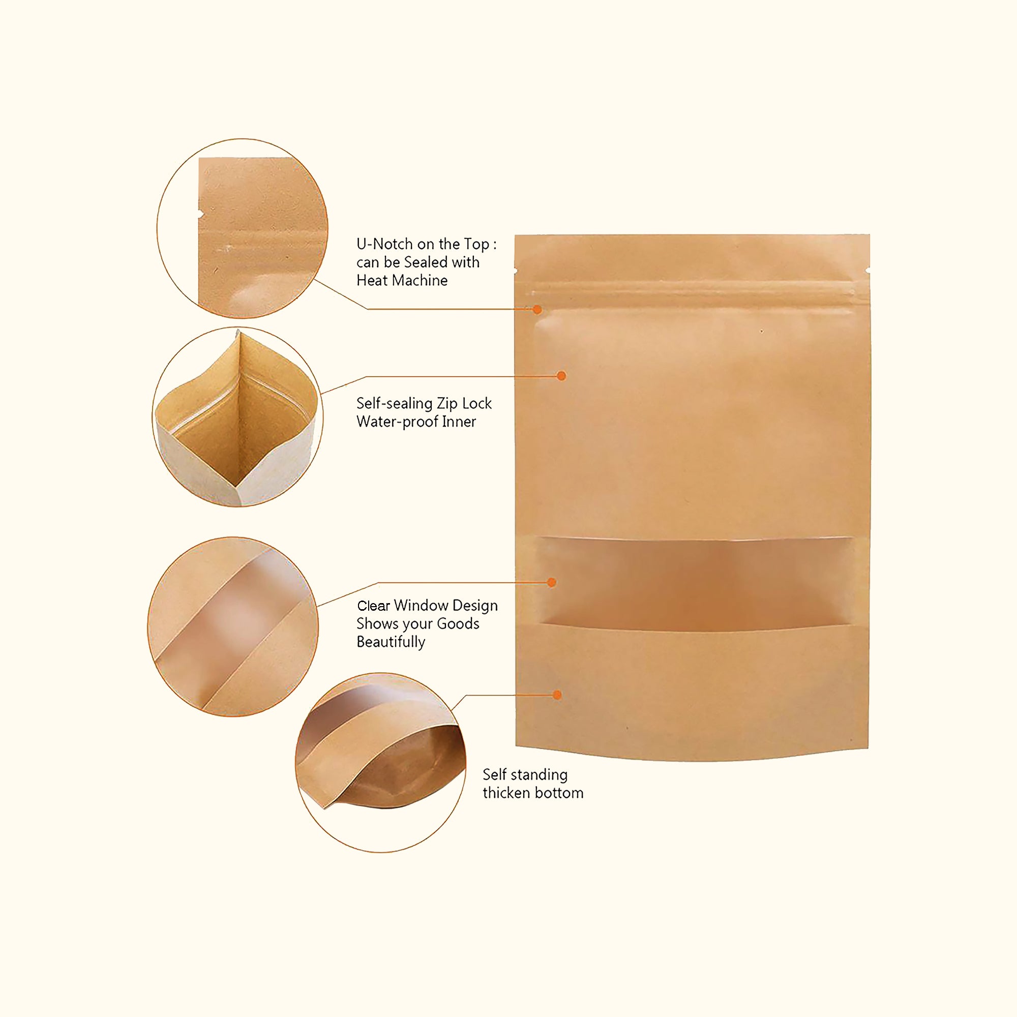 100g Kraft Paper Stand Up Pouches with Zipper and Clear Window - Eco-Friendly Packaging Bags