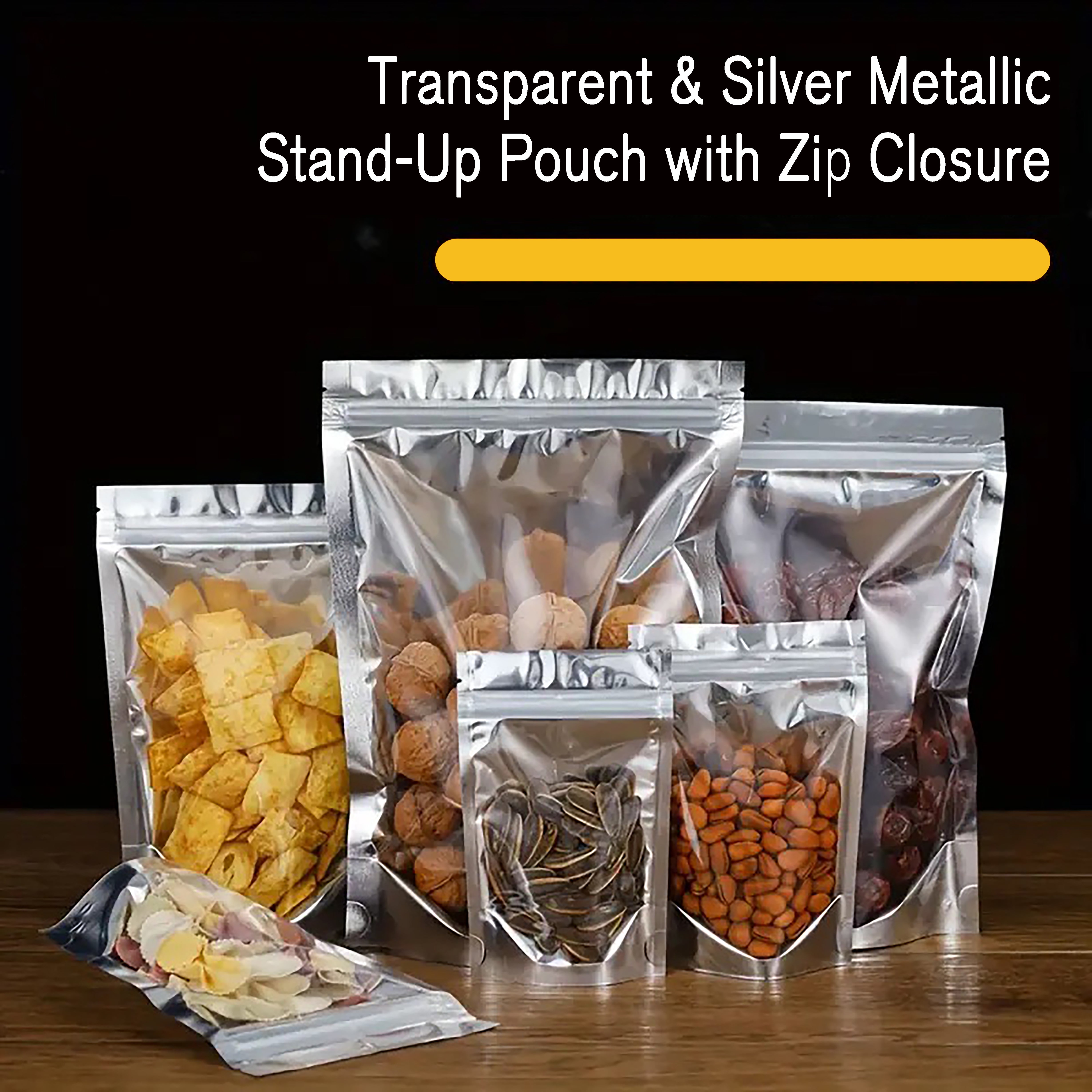 Clear/Silver Shiny Foil Lined Stand Up Pouches with Zipper