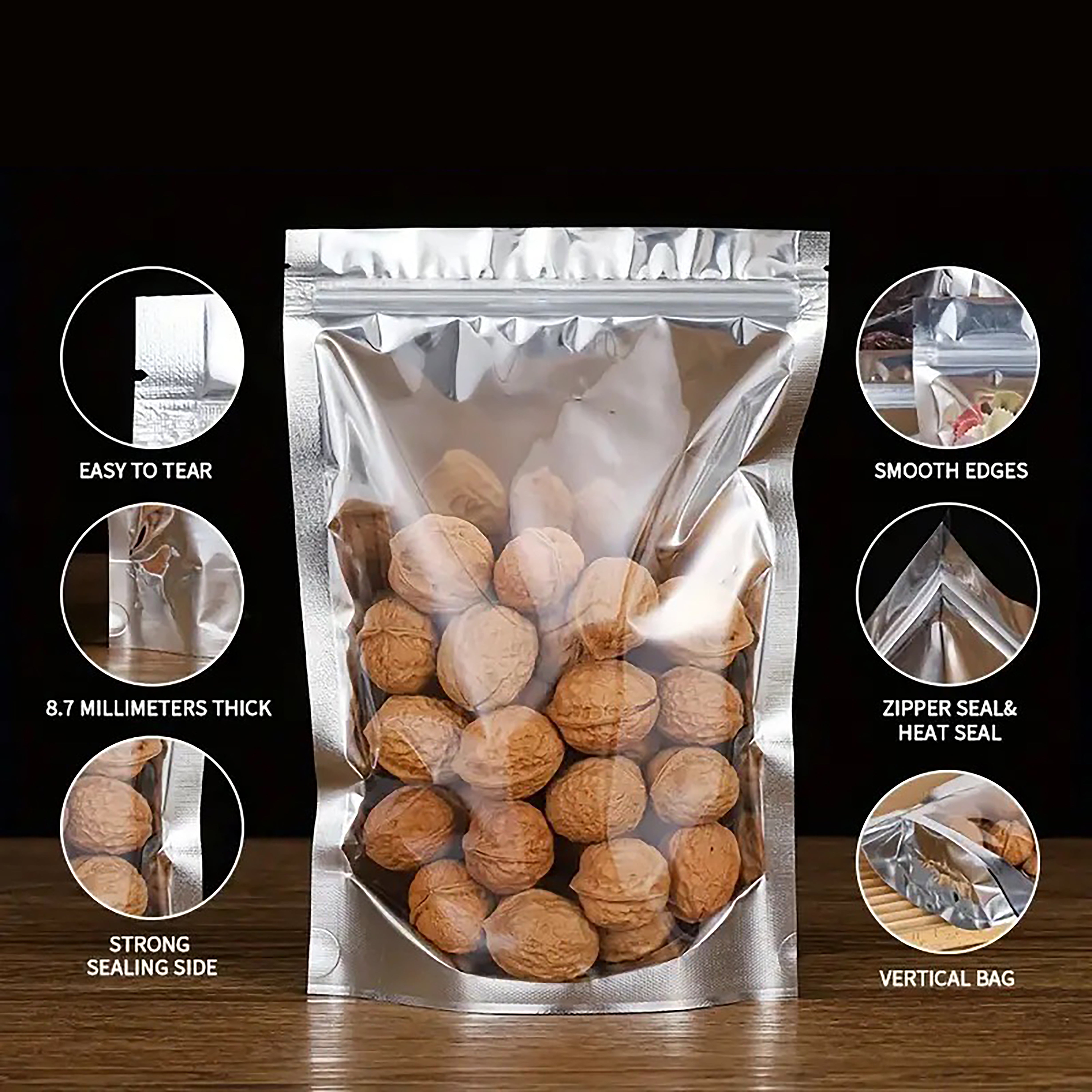 Clear/Silver Shiny Foil Lined Stand Up Pouches with Zipper