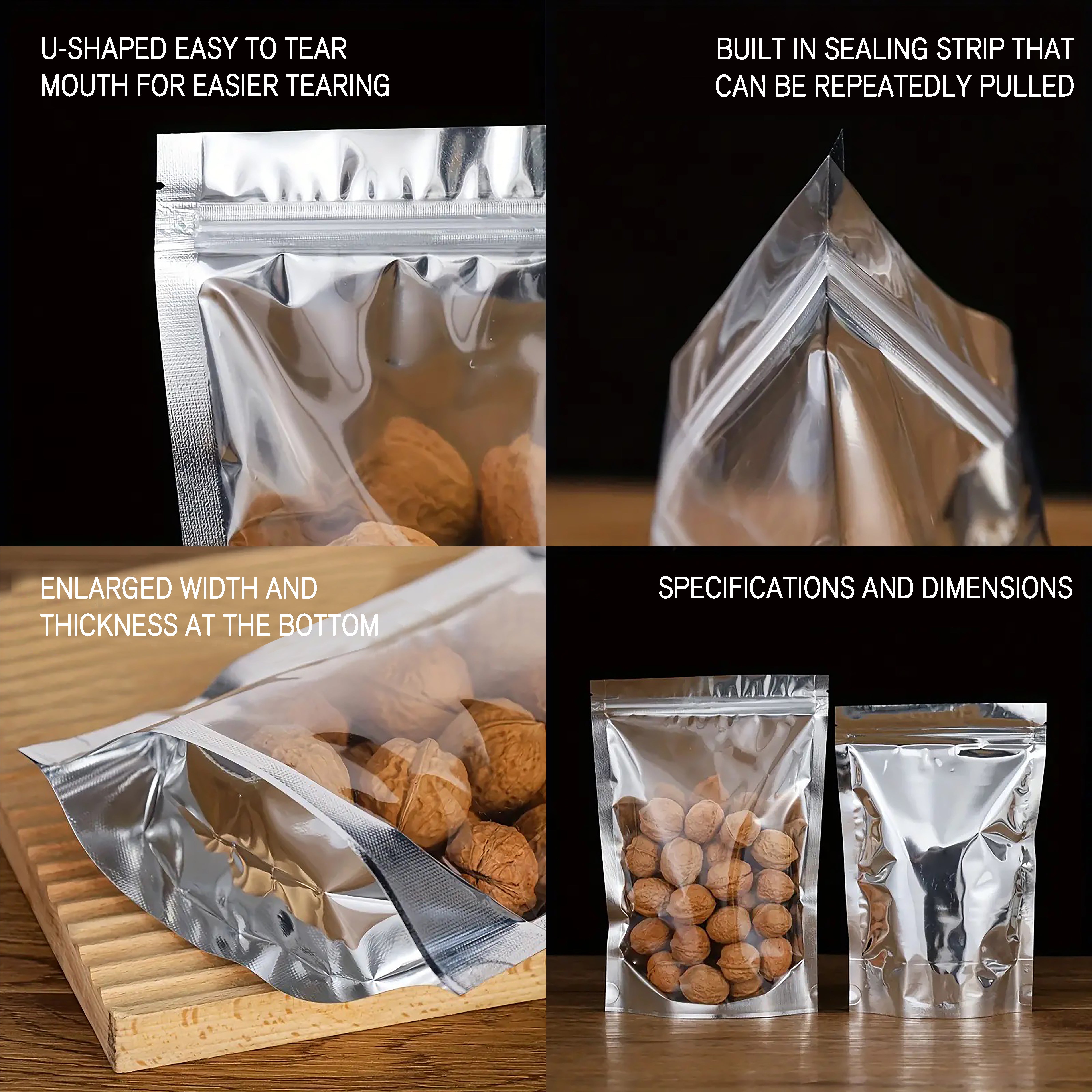 Clear/Silver Shiny Foil Lined Stand Up Pouches with Zipper