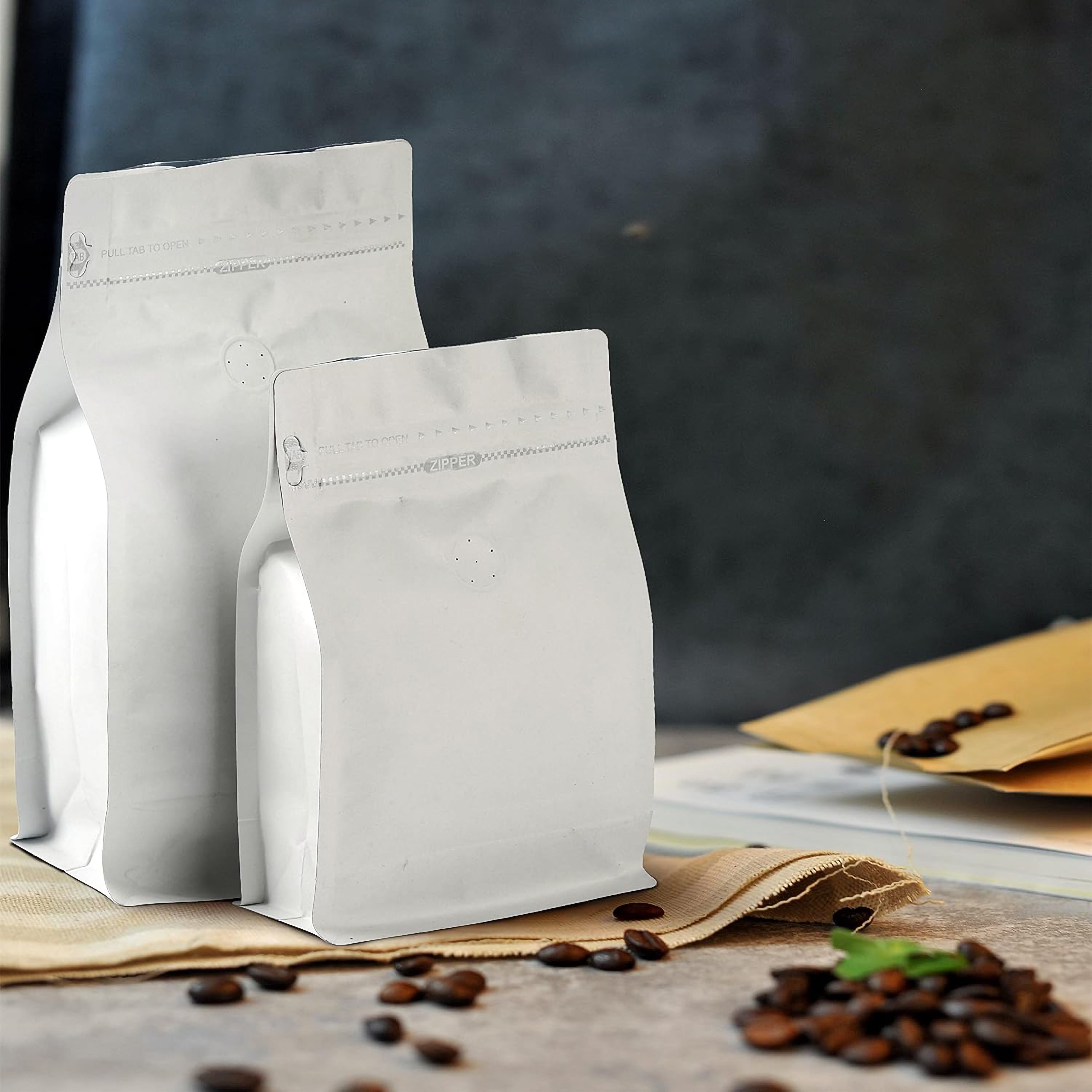 250g Matte White Coffee Box Bottom Bags with Valve, Pull-Tab Zipper, and Foil Lining - Premium Airtight Packaging