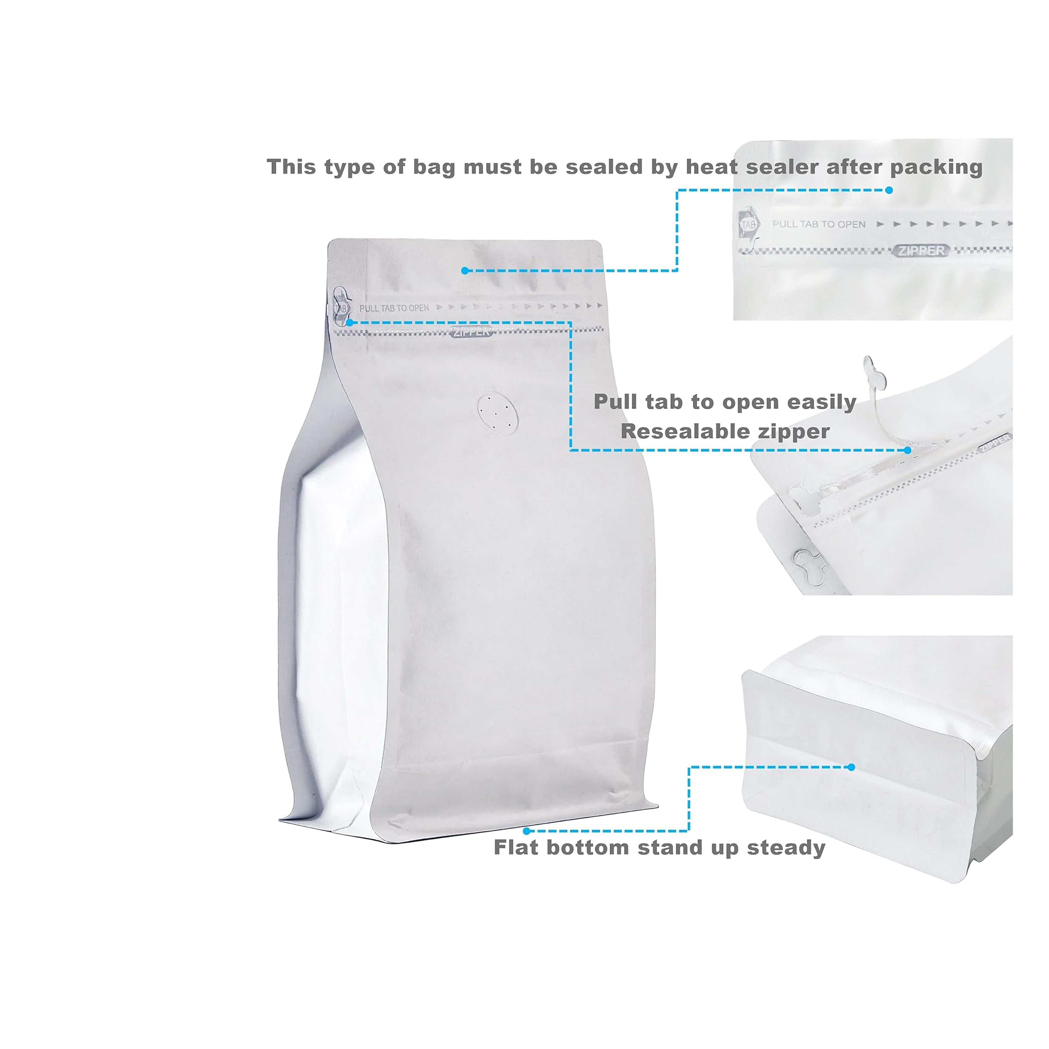 250g Matte White Coffee Box Bottom Bags with Valve, Pull-Tab Zipper, and Foil Lining - Premium Airtight Packaging