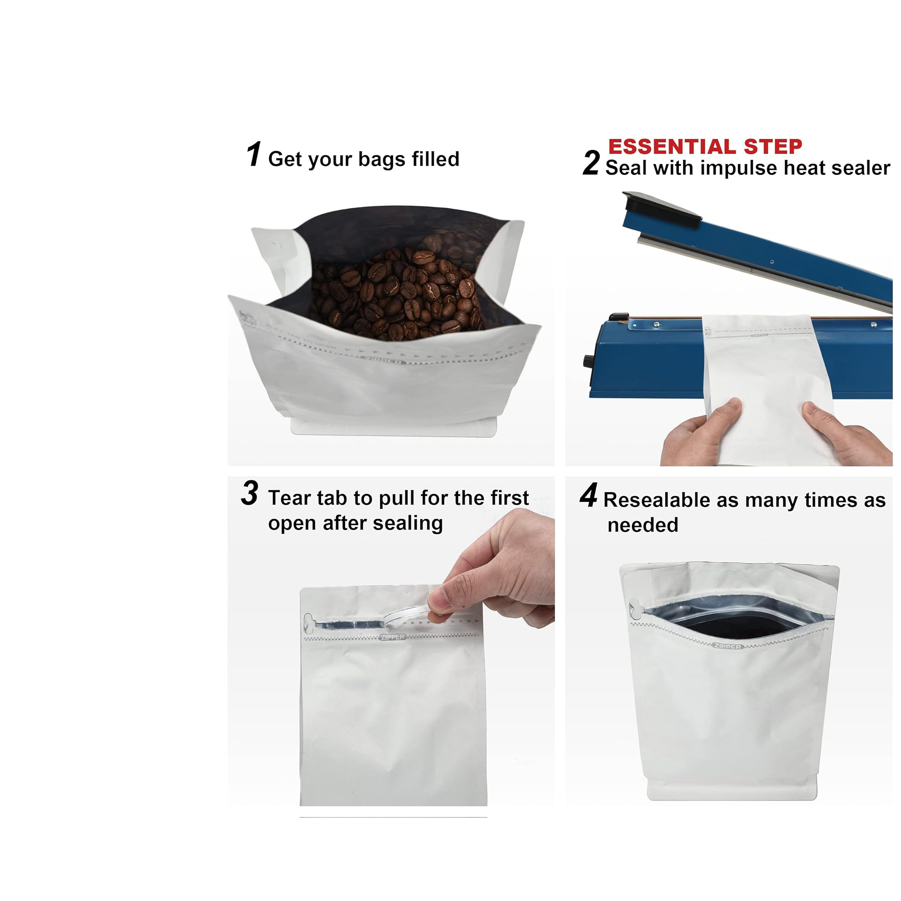 250g Matte White Coffee Box Bottom Bags with Valve, Pull-Tab Zipper, and Foil Lining - Premium Airtight Packaging