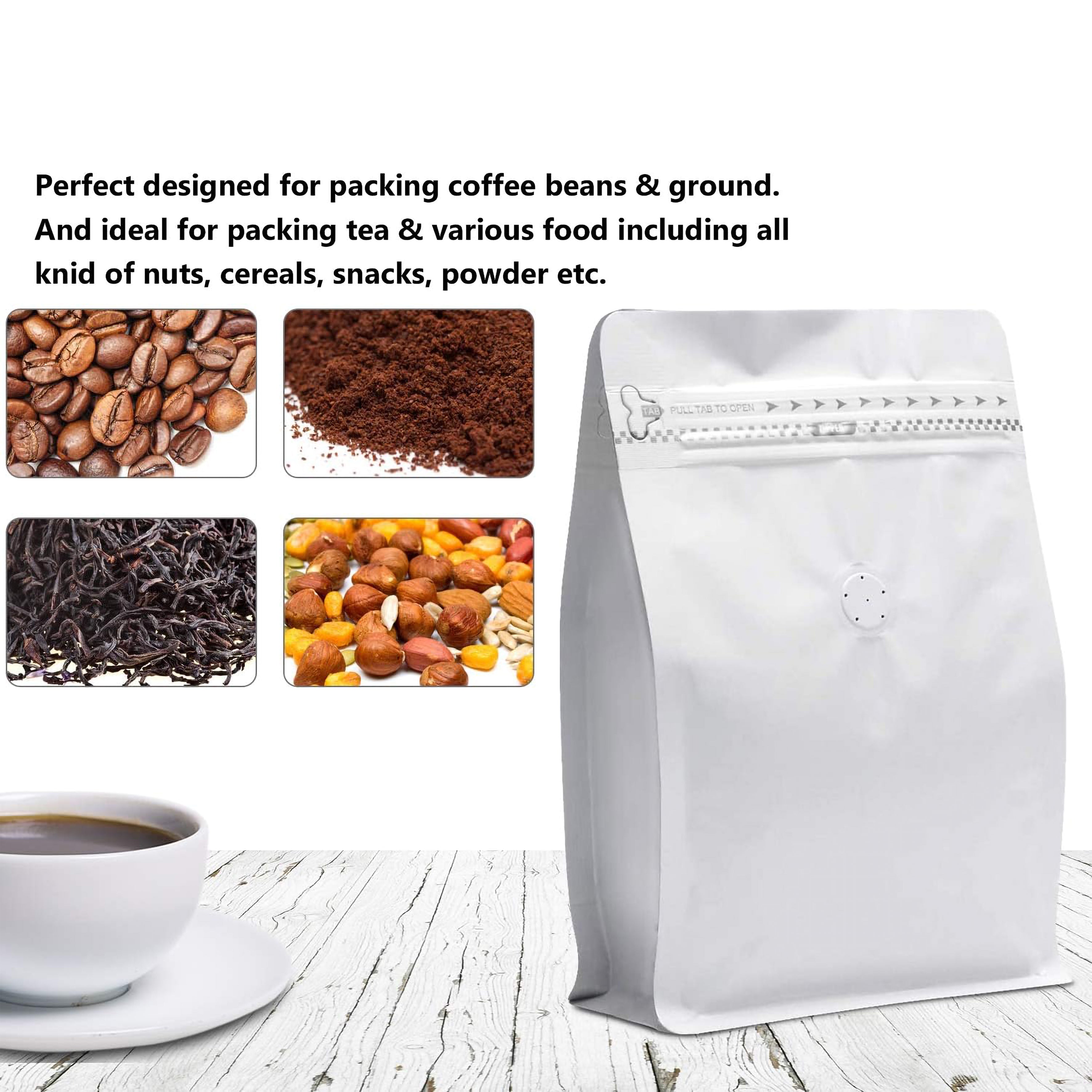 250g Matte White Coffee Box Bottom Bags with Valve, Pull-Tab Zipper, and Foil Lining - Premium Airtight Packaging